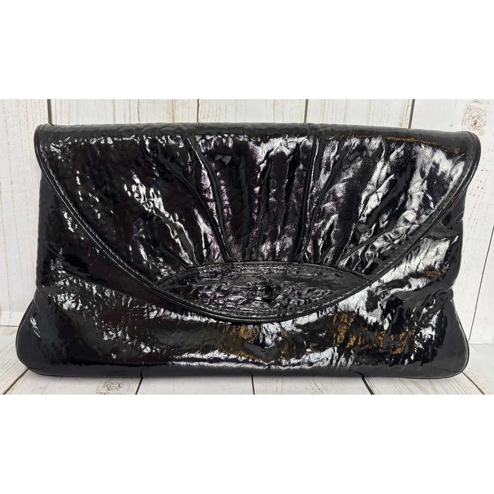Lauren Merkin Black Crinkled Patent Leather Pleated Clutch Bag Made in NYC